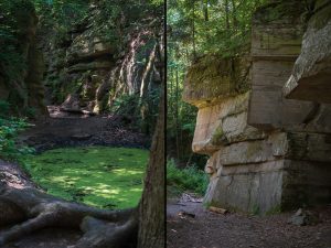 A split image showing a lush green gorge on the left with a pond covered in algae, and a rocky cliff formation on the right surrounded by trees.
