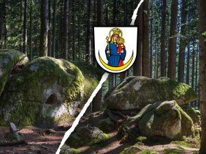 A split image showing large moss-covered boulders in a forest on the left, and a similar scene on the right with a coat of arms featuring a crowned figure holding a child.