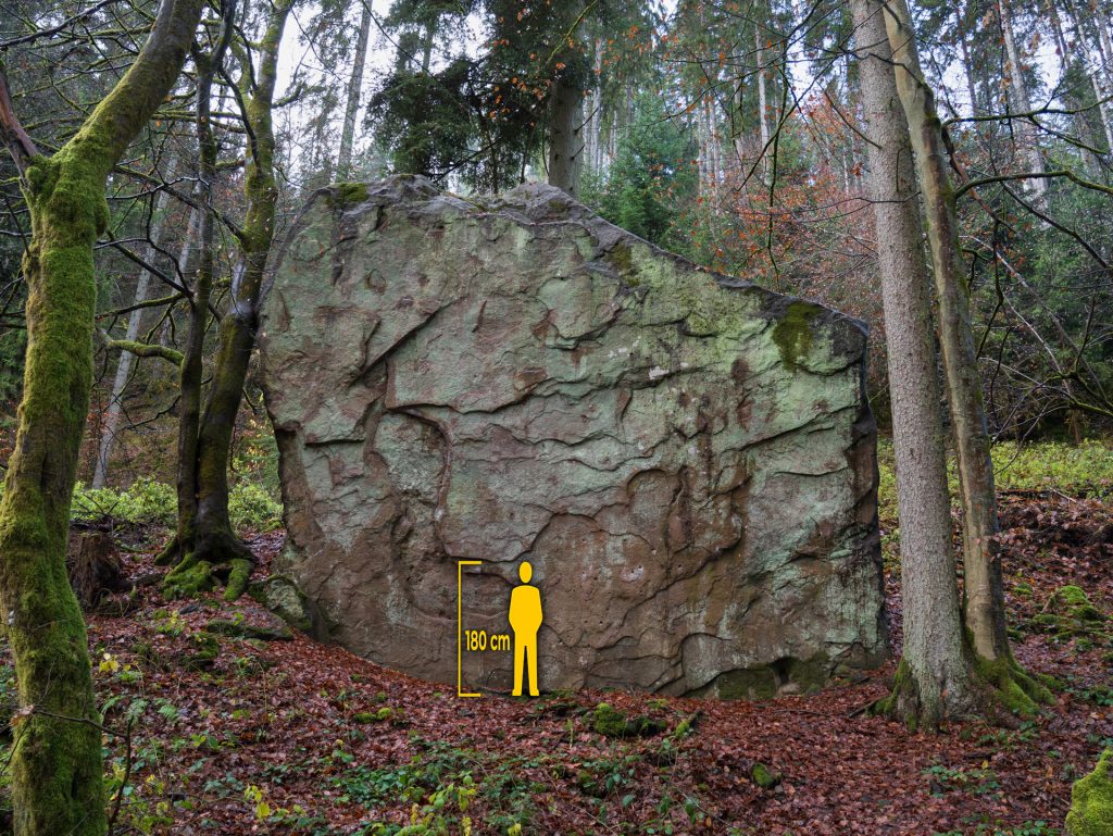 A large rock in a forest with moss and trees, featuring a silhouette of a person for scale, marked at 180 cm.