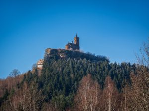A prominent castle sits atop a rocky hill, surrounded by lush evergreen forests under a clear blue sky.
