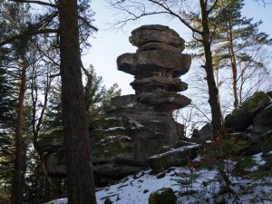 A large, towering rock formation partially covered in snow, surrounded by tall trees in a forest setting.