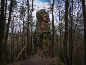 A tall, moss-covered rock formation surrounded by trees in a wooded area, under a cloudy sky.