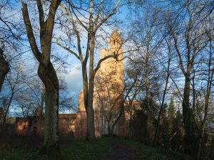 A tall, weathered stone tower rises among bare trees, illuminated by soft evening light against a blue sky.