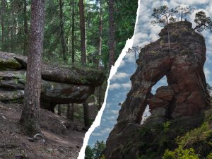 A split image showing two rock formations: on the left, a moss-covered boulder in a dense forest, and on the right, a tall arch-shaped rock surrounded by greenery under a cloudy sky.