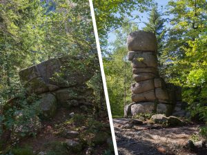 Two large rock formations in a forest, one on the left is more weathered and moss-covered, while the right shows a taller, more sculpted stack of stones.