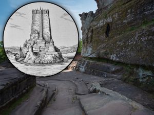 Ancient rocky landscape with carved stone formations, featuring a sketch of a tall castle in the foreground.