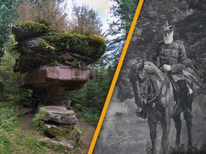 A large moss-covered rock formation surrounded by trees on the left, and a grayscale portrait of a man in a military uniform on a horse on the right.
