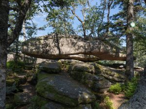 A large, flat rock balanced atop smaller boulders, surrounded by trees and greenery in a natural setting.
