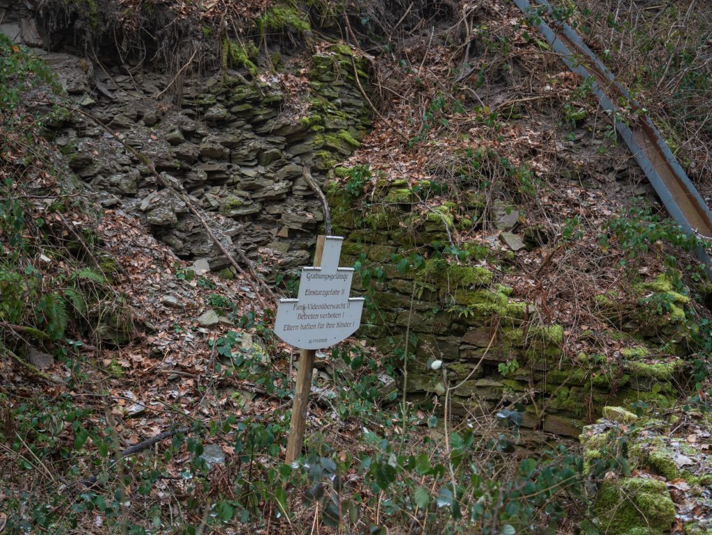 A weathered stone wall with moss and vegetation, featuring a sign in German about geological observation.