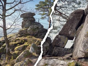 A split image showing two rock formations atop a hillside, surrounded by trees; one features a balanced stone on top, while the other highlights a leaning rock structure.